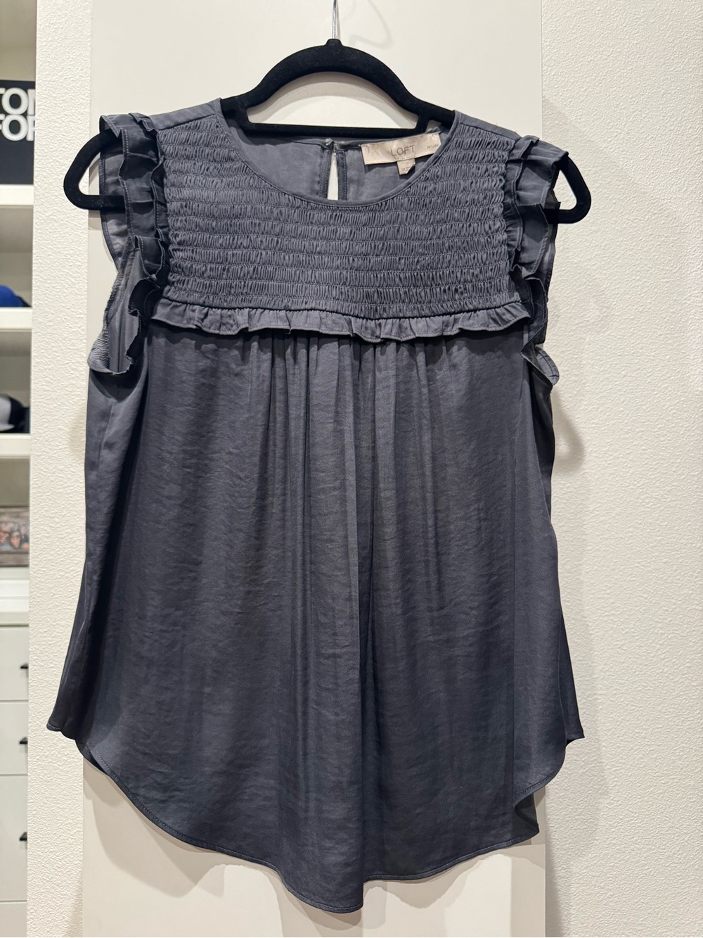 LOFT Charcoal Smocked Ruffle Sleeveless Top
